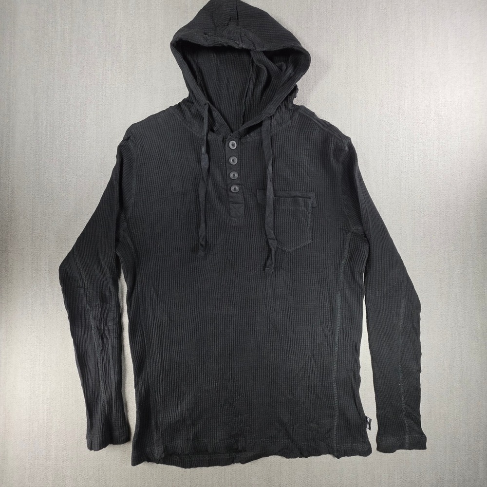 Kenneth‎ Cole Hoodie Women Medium Black Waffle Knit Henley Pullover Pocket